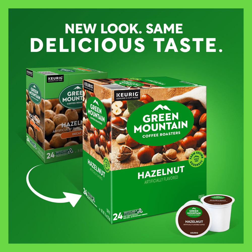 Green Mountain Hazelnut coffee box showcasing premium flavor and easy Keurig compatibility.