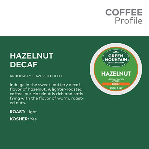 Freshly brewed Green Mountain Hazelnut Decaf in a mug with a silky finish.