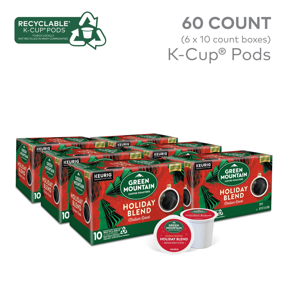 Green Mountain Holiday Blend K-Cup pod close-up emphasizing freshness seal and premium coffee.