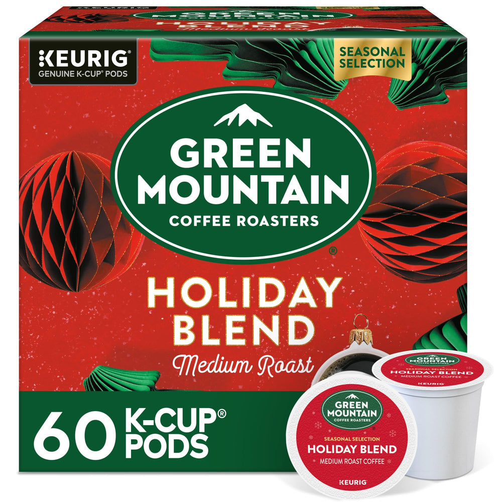 Green Mountain Holiday Blend packaging on shelf with festive design.