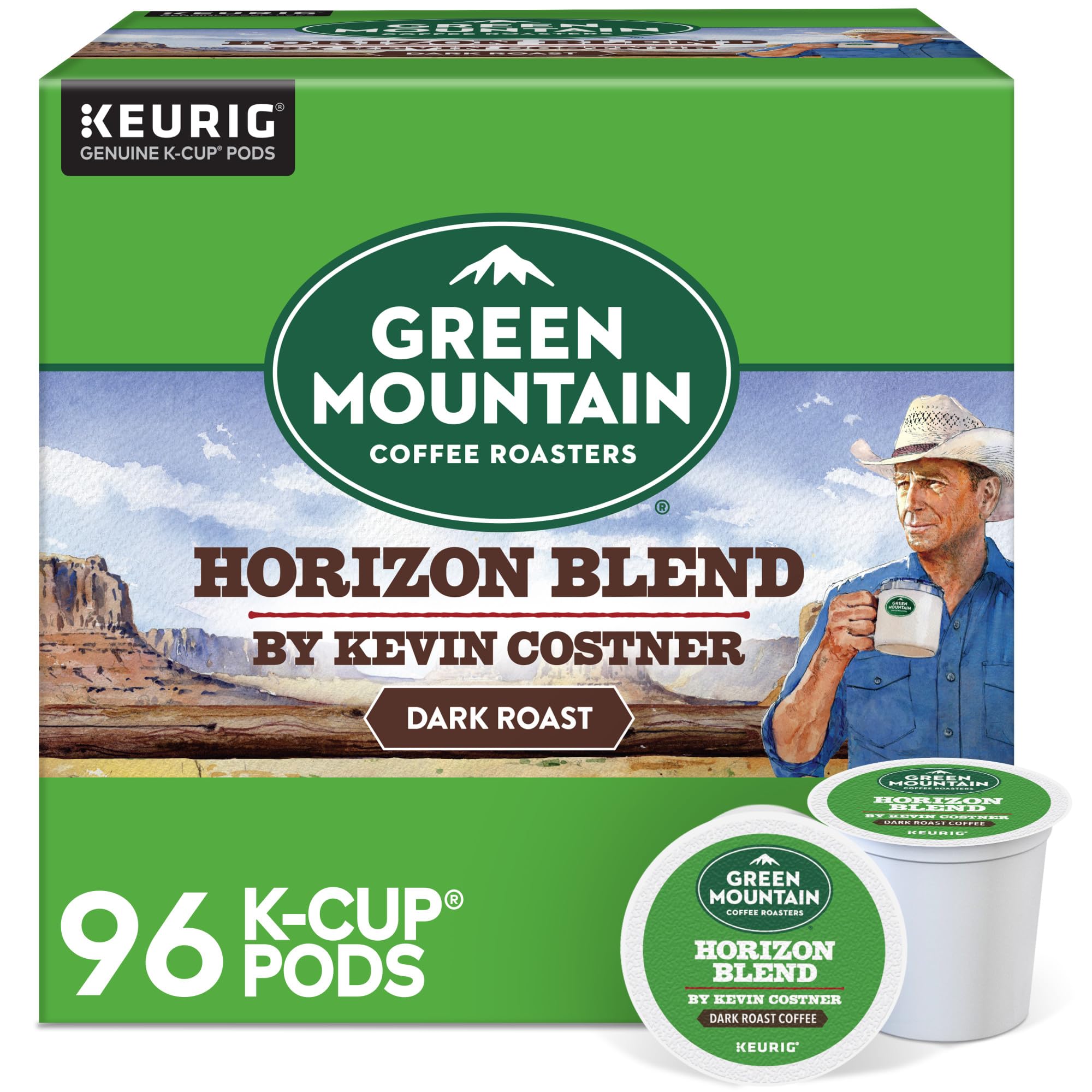 Green Mountain Horizon blend pod closeup for a bold, convenient Keurig brew.