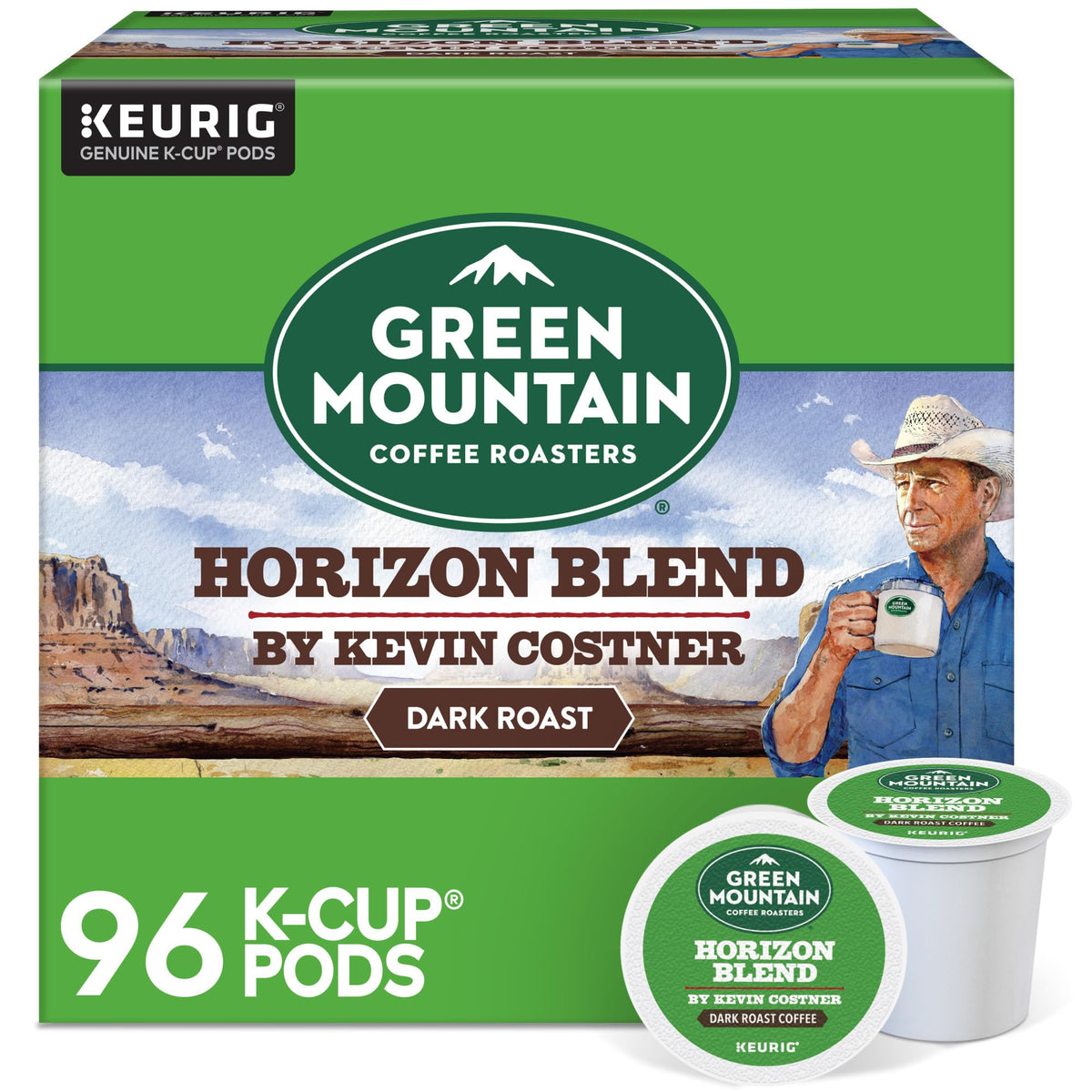 Green Mountain Horizon blend pod closeup for a bold, convenient Keurig brew.