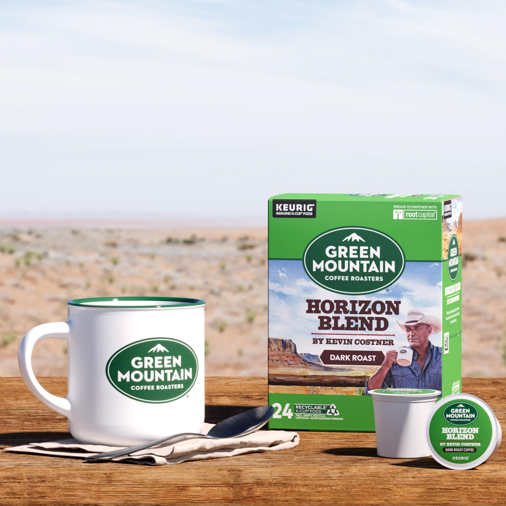 Green Mountain Horizon packaging box highlighting the Kevin Costner collaboration.