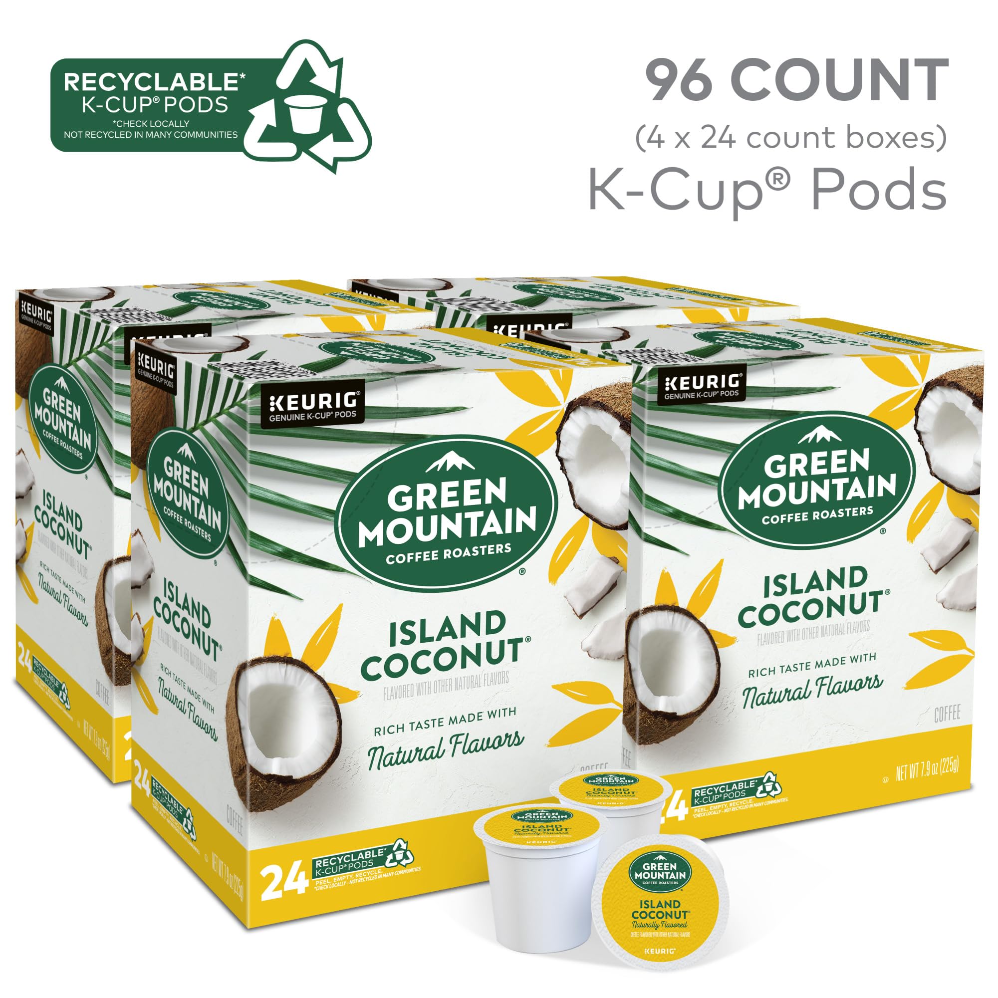 Green Mountain Island Coconut packaging highlights bold aroma.