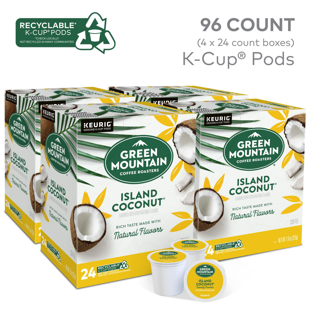 Green Mountain Island Coconut packaging highlights bold aroma.