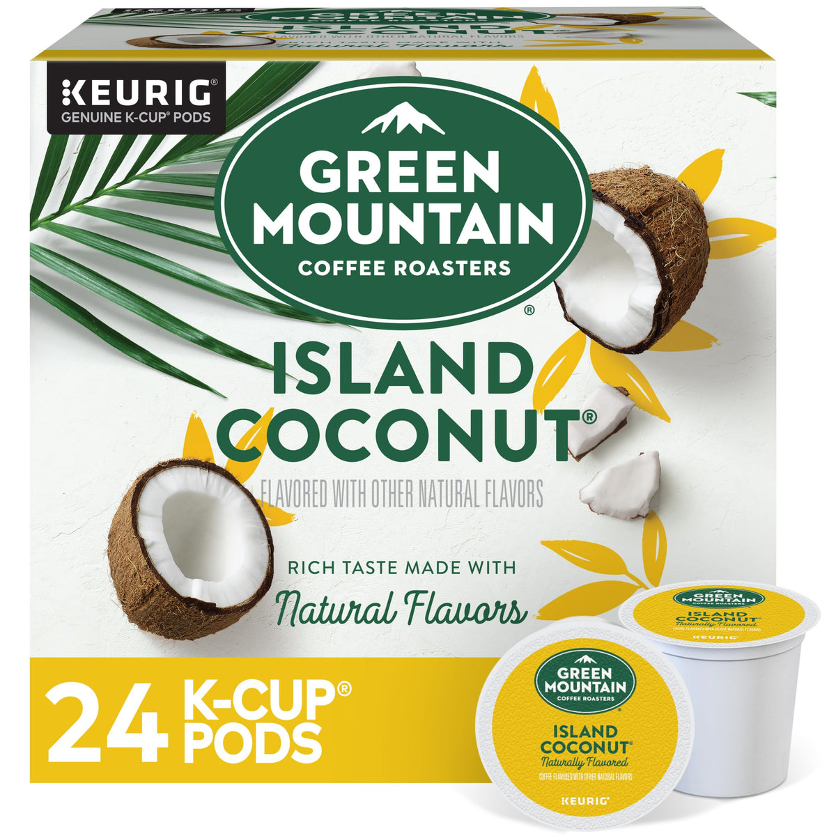 Green Mountain Island Coconut K-Cup pod packaging highlighting tropical flavor
