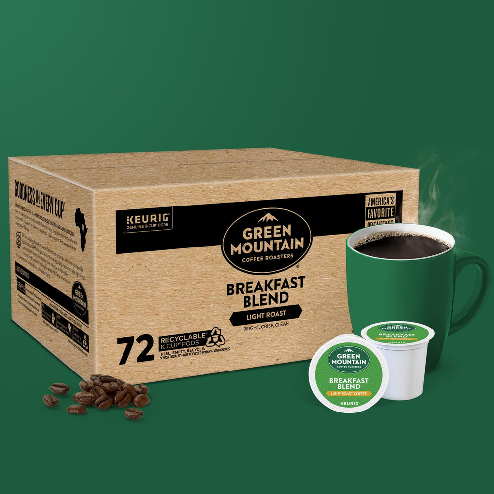 Green Mountain light roast steaming cup conveys bright taste and approachable morning ritual.