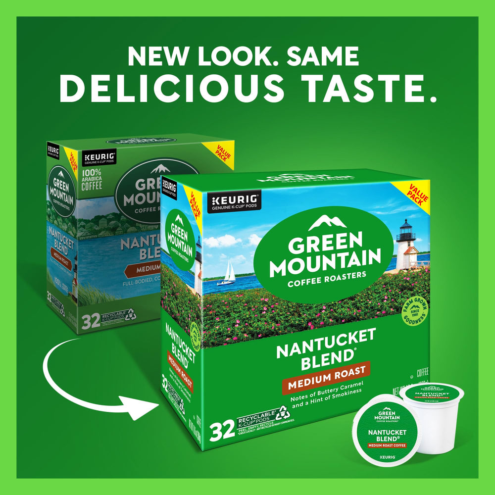 Stacked Green Mountain Nantucket Blend K-Cups on shelf for easy access.