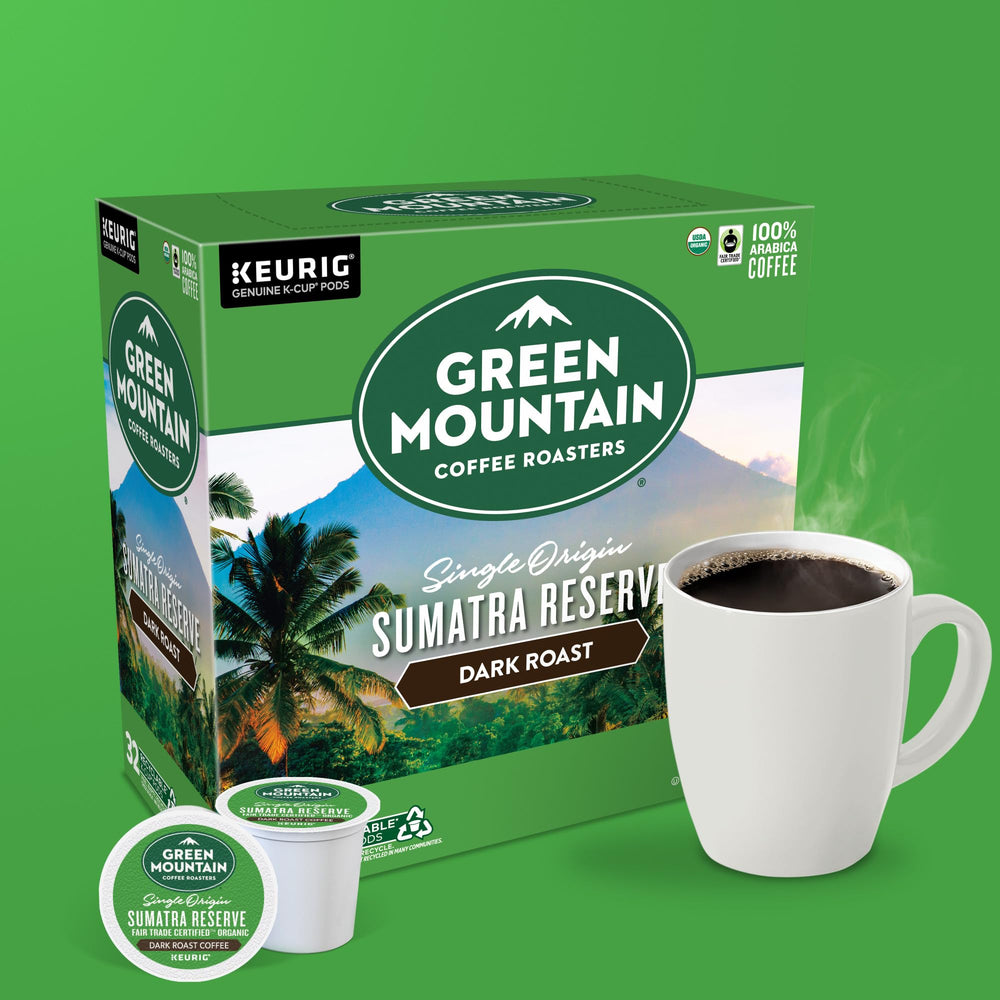 Green Mountain Sumatra Reserve dark chocolate notes and dried fruit accents.