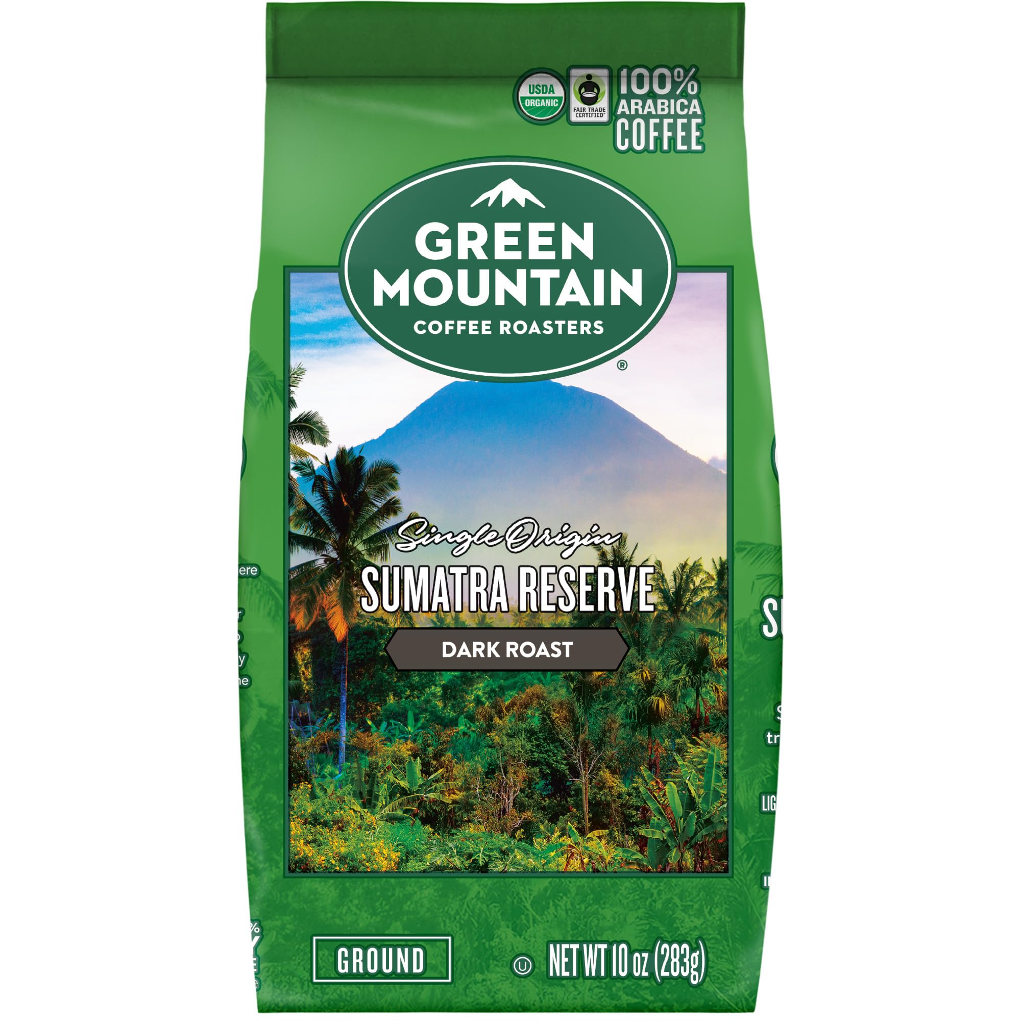 Green Mountain Coffee Roasters Sumatra Reserve ground-coffee pour, rich aroma enhances daily brewing routine.
