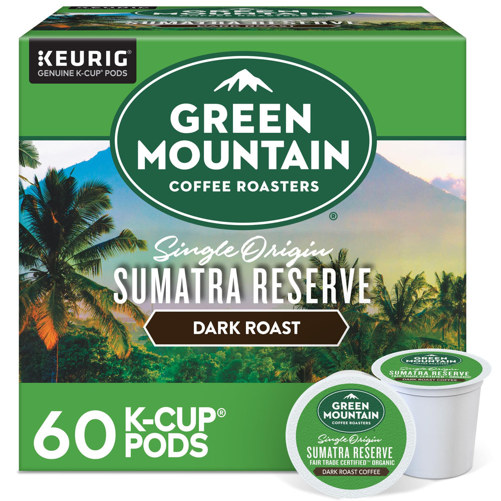 Green Mountain Sumatra Reserve K-Cup pods for quick, bold brewing.