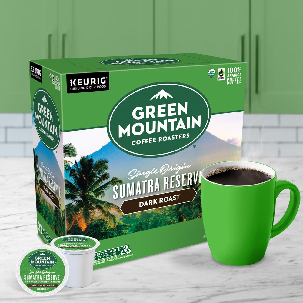 Green Mountain Sumatra Reserve recyclable K-Cup pods in sustainable packaging.