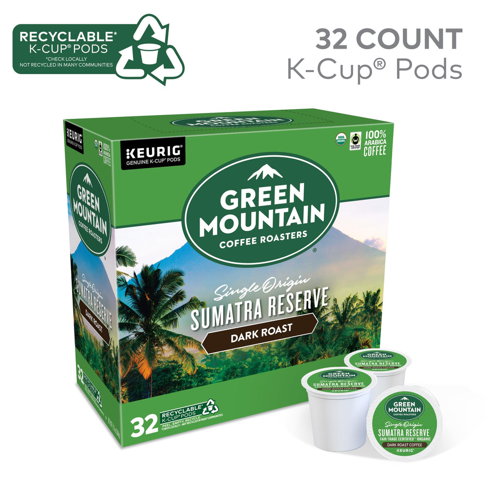Green Mountain Sumatra Reserve cup with steam, highlighting rich dark roast aroma.