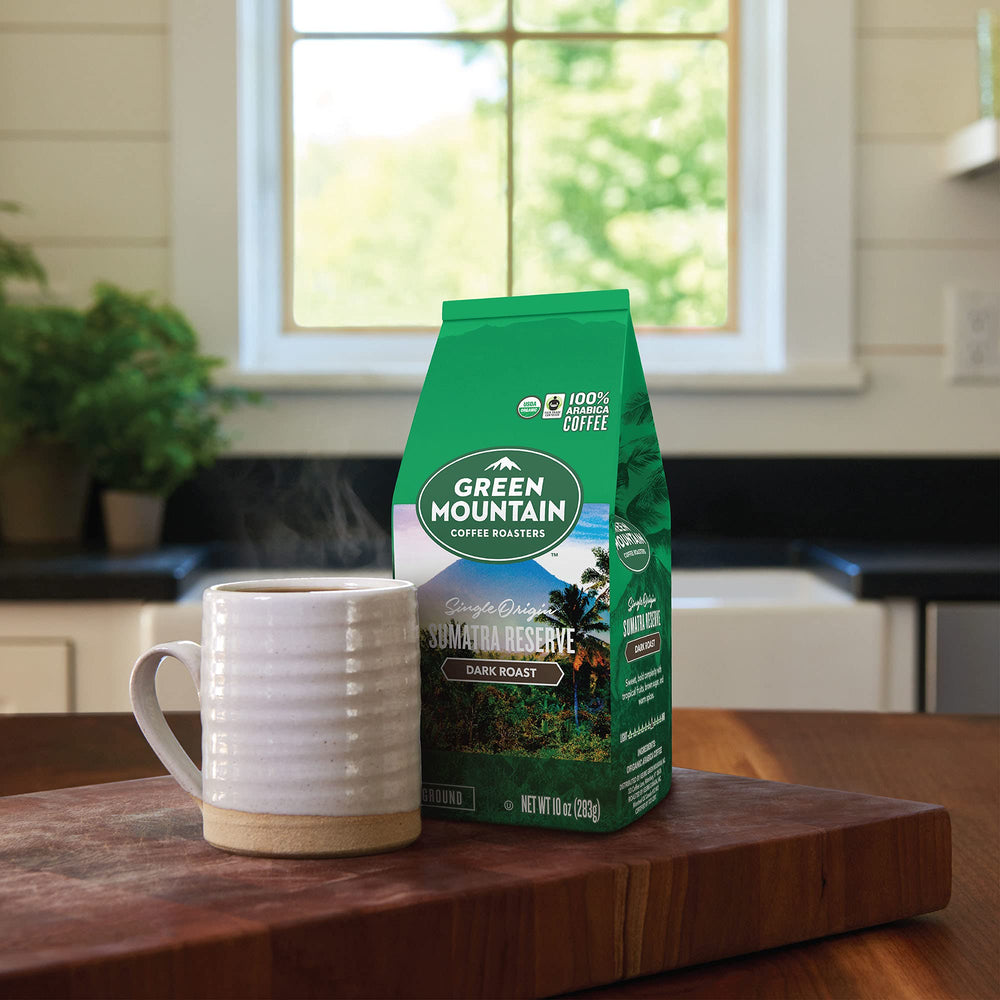Green Mountain Coffee Roasters Sumatra Reserve steaming-cup, smooth flavor journey in a single cup.