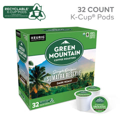 Green Mountain Sumatra Reserve cup with steam, highlighting rich dark roast aroma.