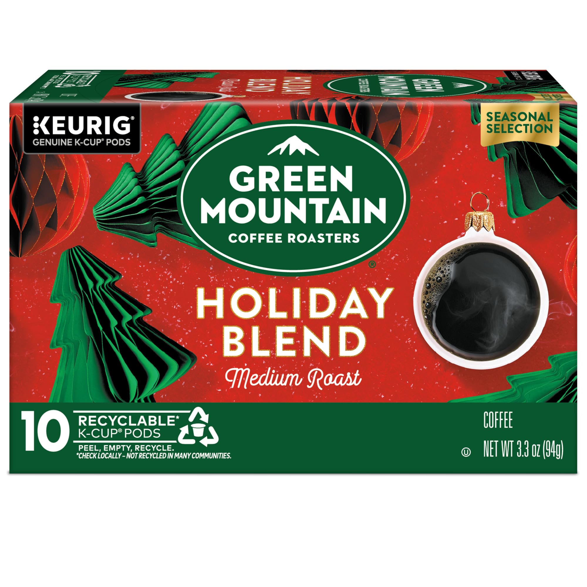 Green Mountain sustainability mark and coffee beans implying responsible sourcing.