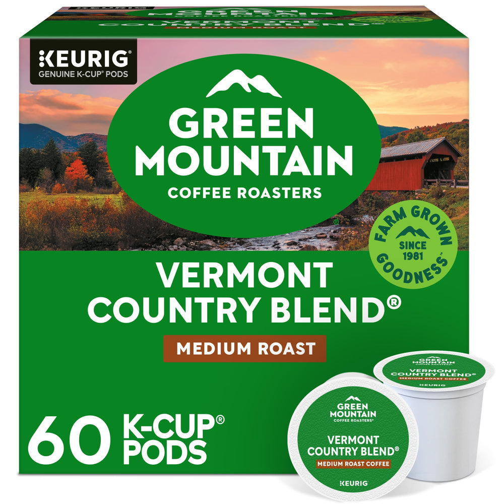 Green Mountain Vermont Country Blend K-Cup pods ready for Keurig brewing, convenient mornings.