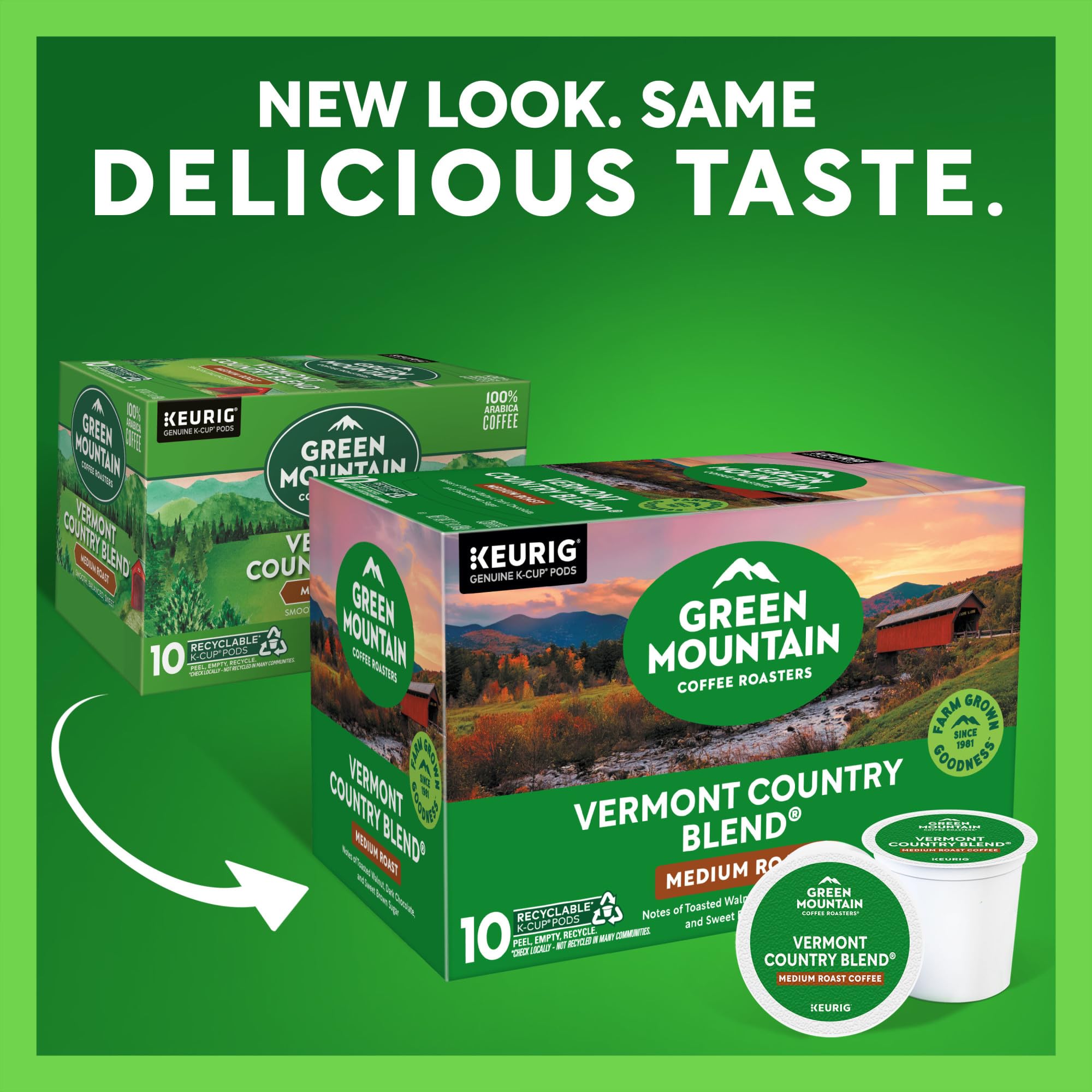 Green Mountain Vermont Country Blend packaging box shows sustainability and heritage.