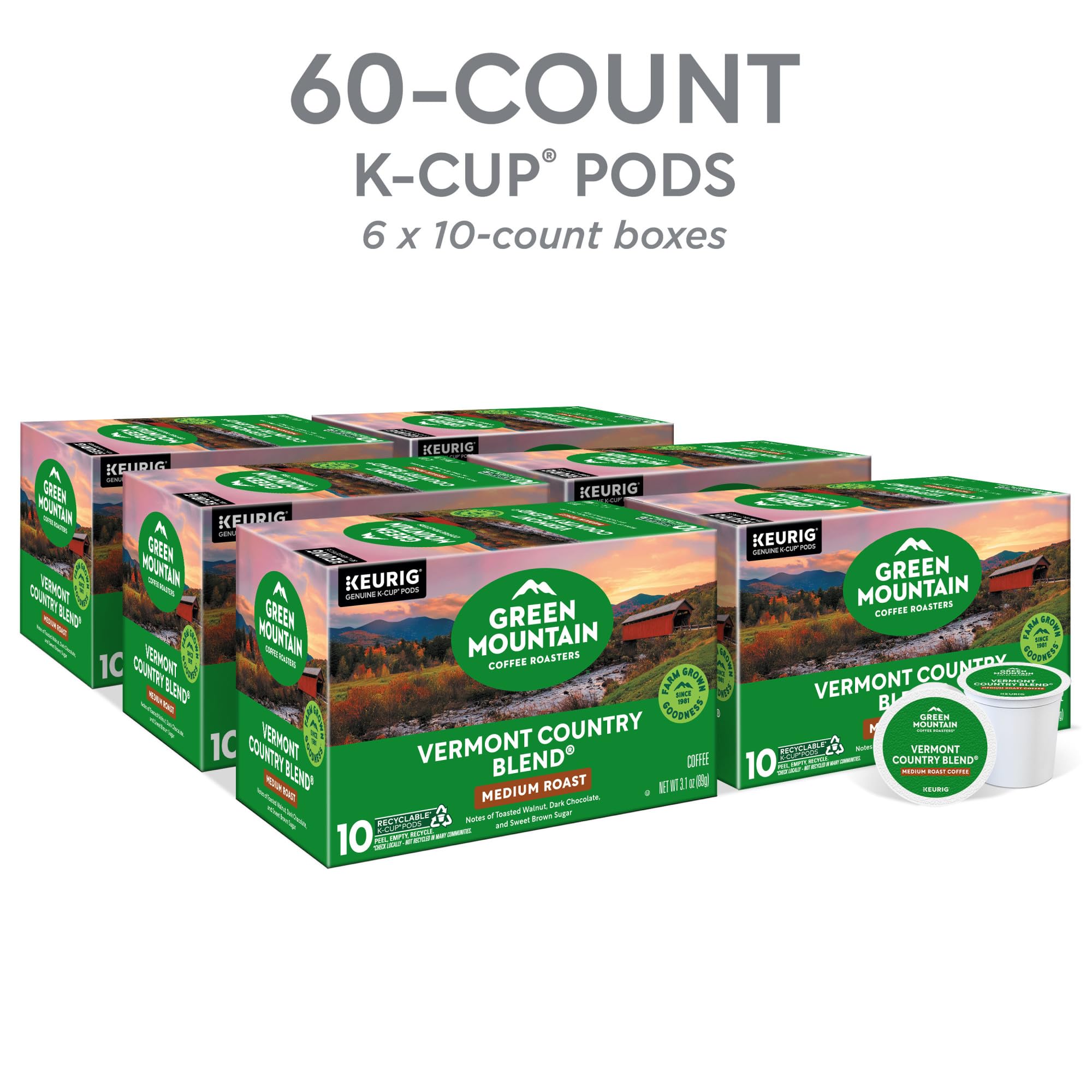 Close-up of a Green Mountain Vermont Country Blend K-Cup pod with grounds.