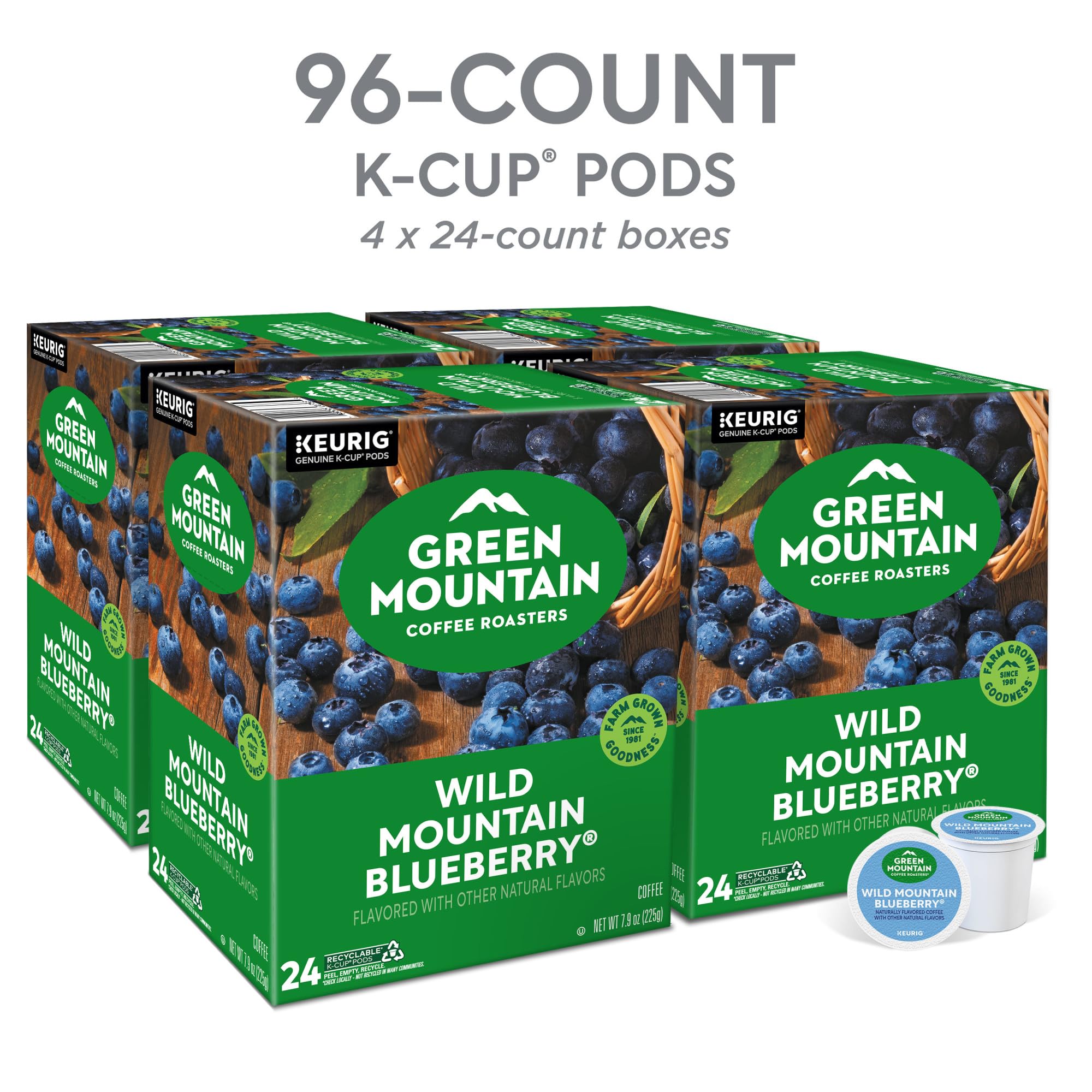 Green Mountain Wild Mountain Blueberry K-Cup pods displayed in a box for easy use.