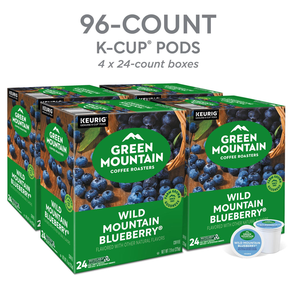 Green Mountain Wild Mountain Blueberry K-Cup pods displayed in a box for easy use.