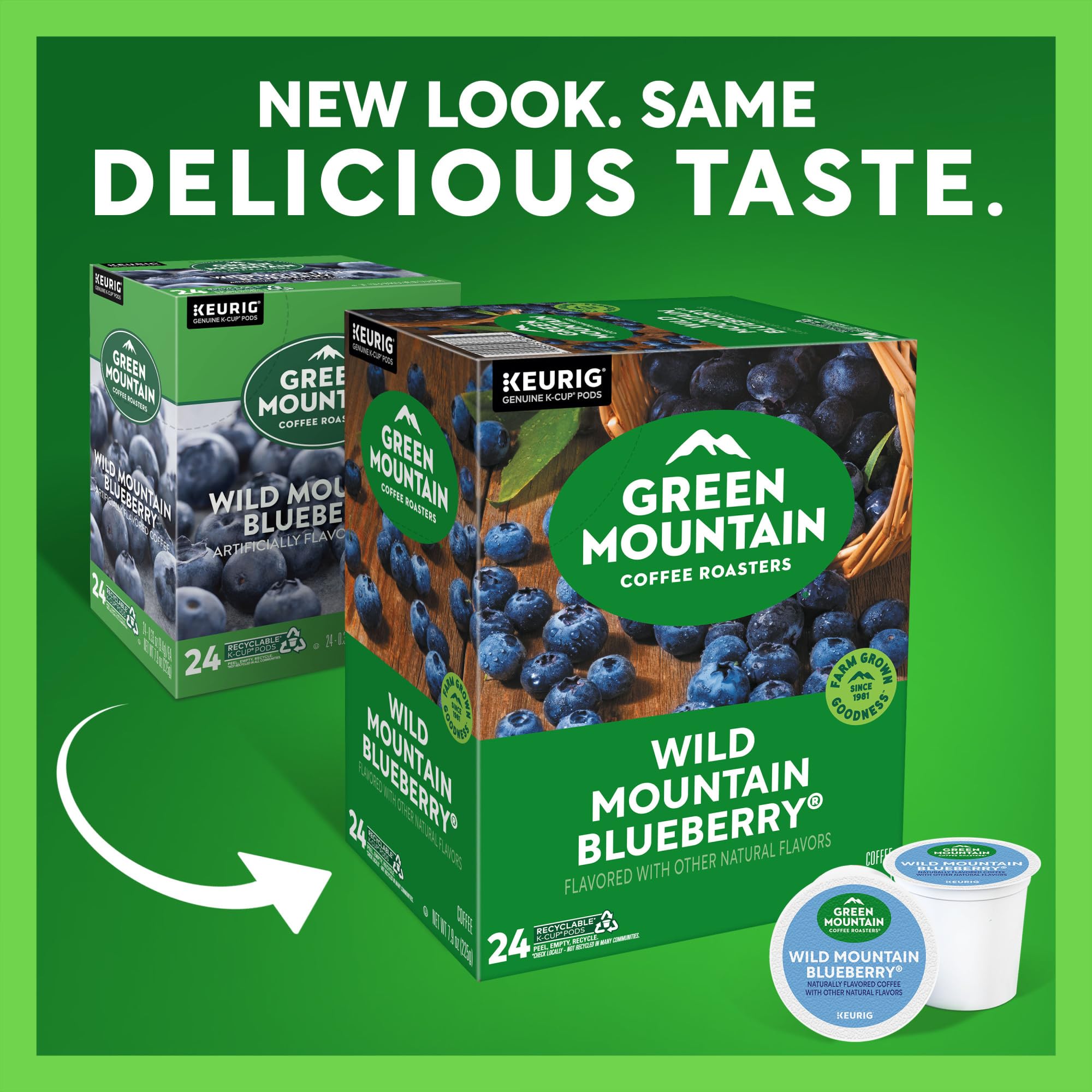 Green Mountain Wild Mountain Blueberry K-Cup pods brew a light, fruity cup.