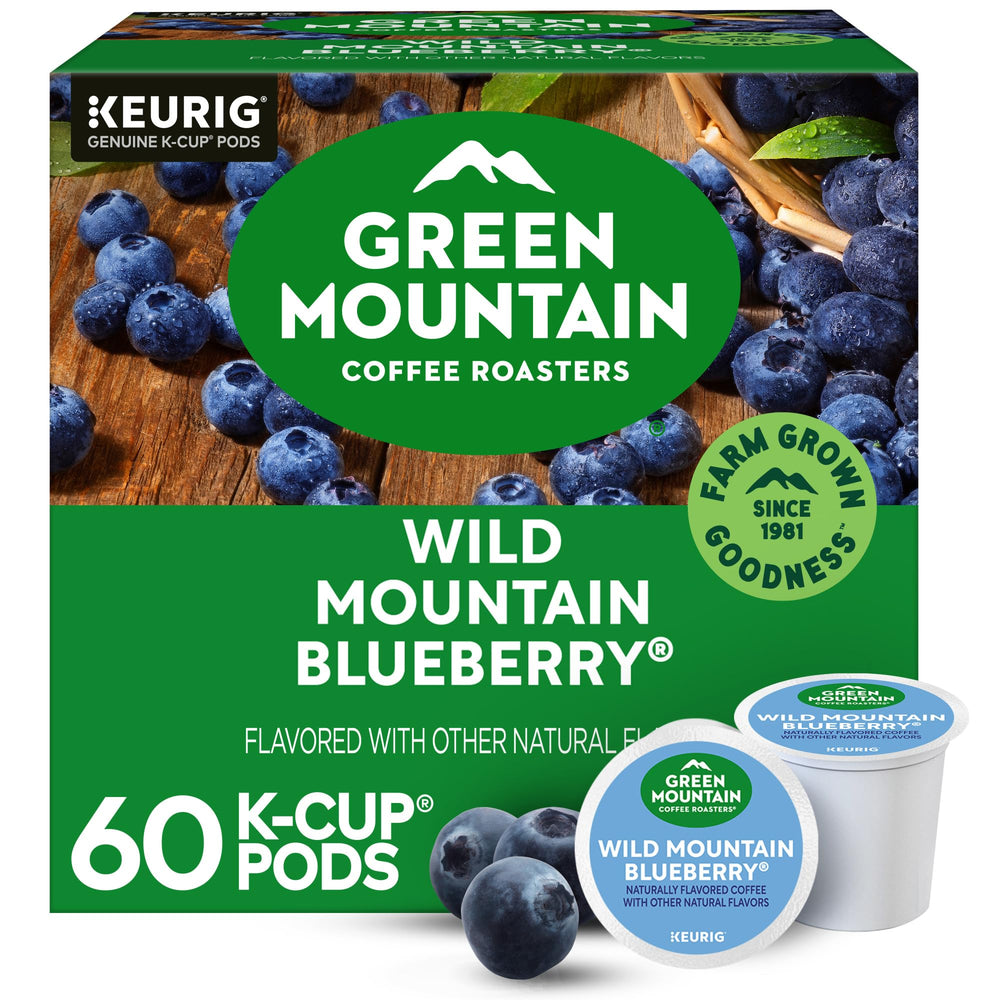 Green Mountain Wild Blueberry pods for Keurig, bright aroma and fruity profile.