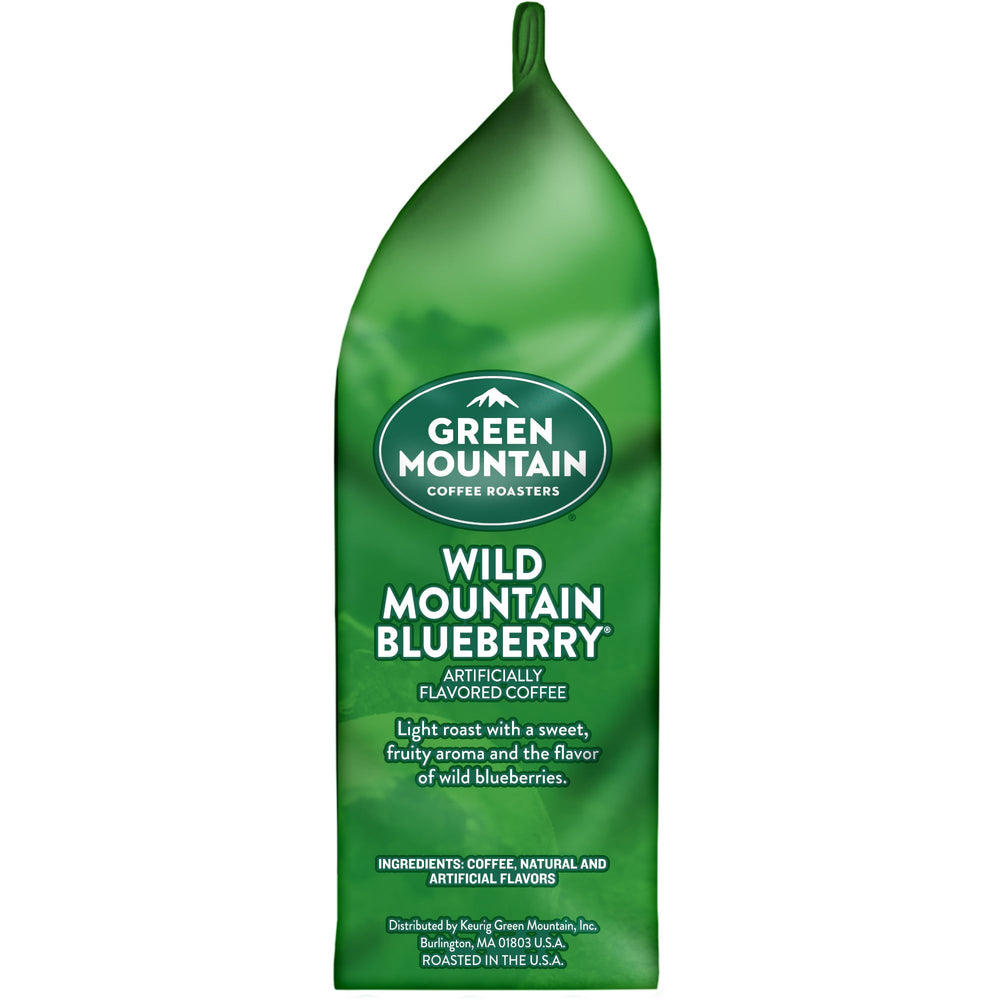 Green Mountain Coffee Roasters Wild Mountain Blueberry bag with tasting notes highlights quality.