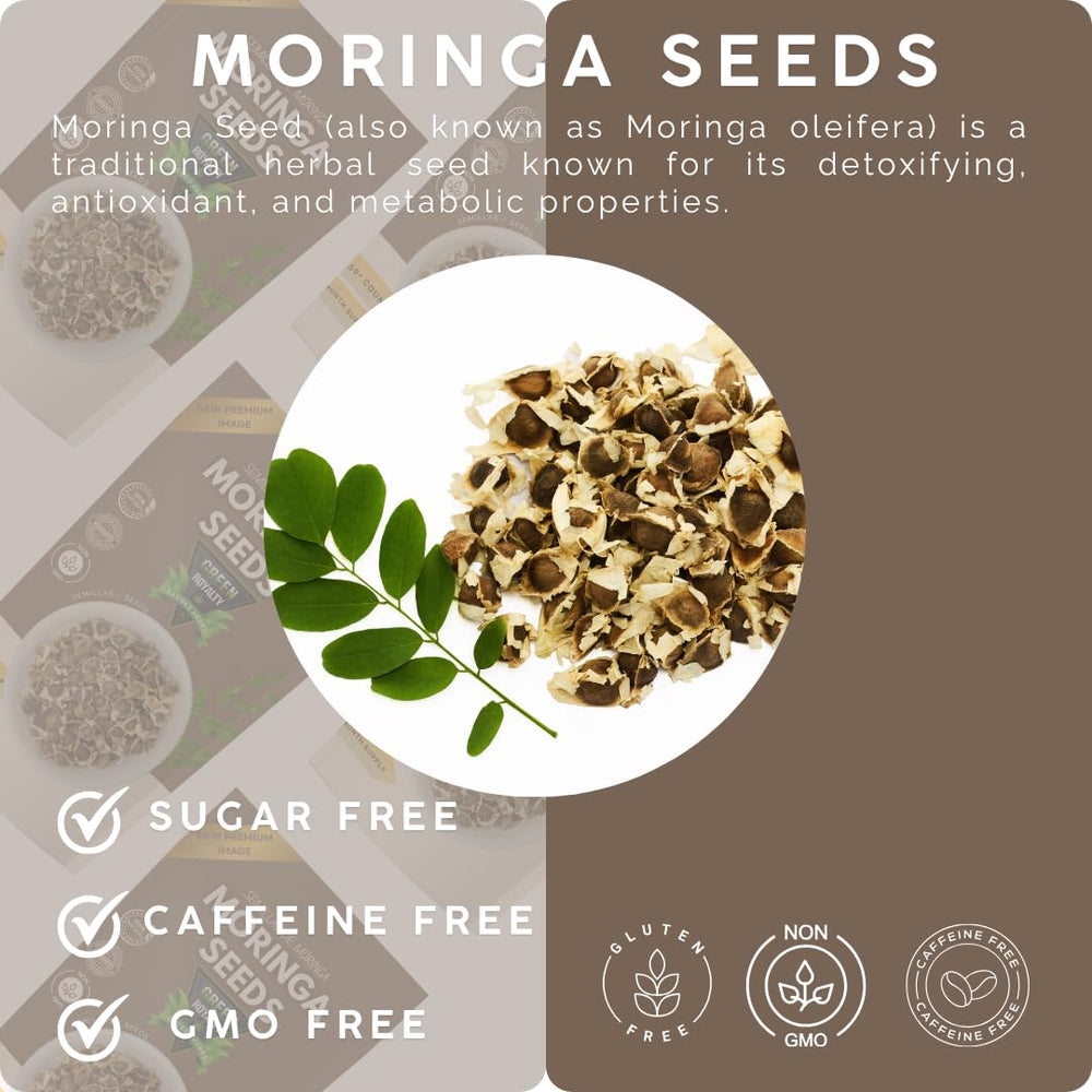 Green Royalty Moringa seeds nutrition label, highlighting non-GMO and gluten-free attributes.