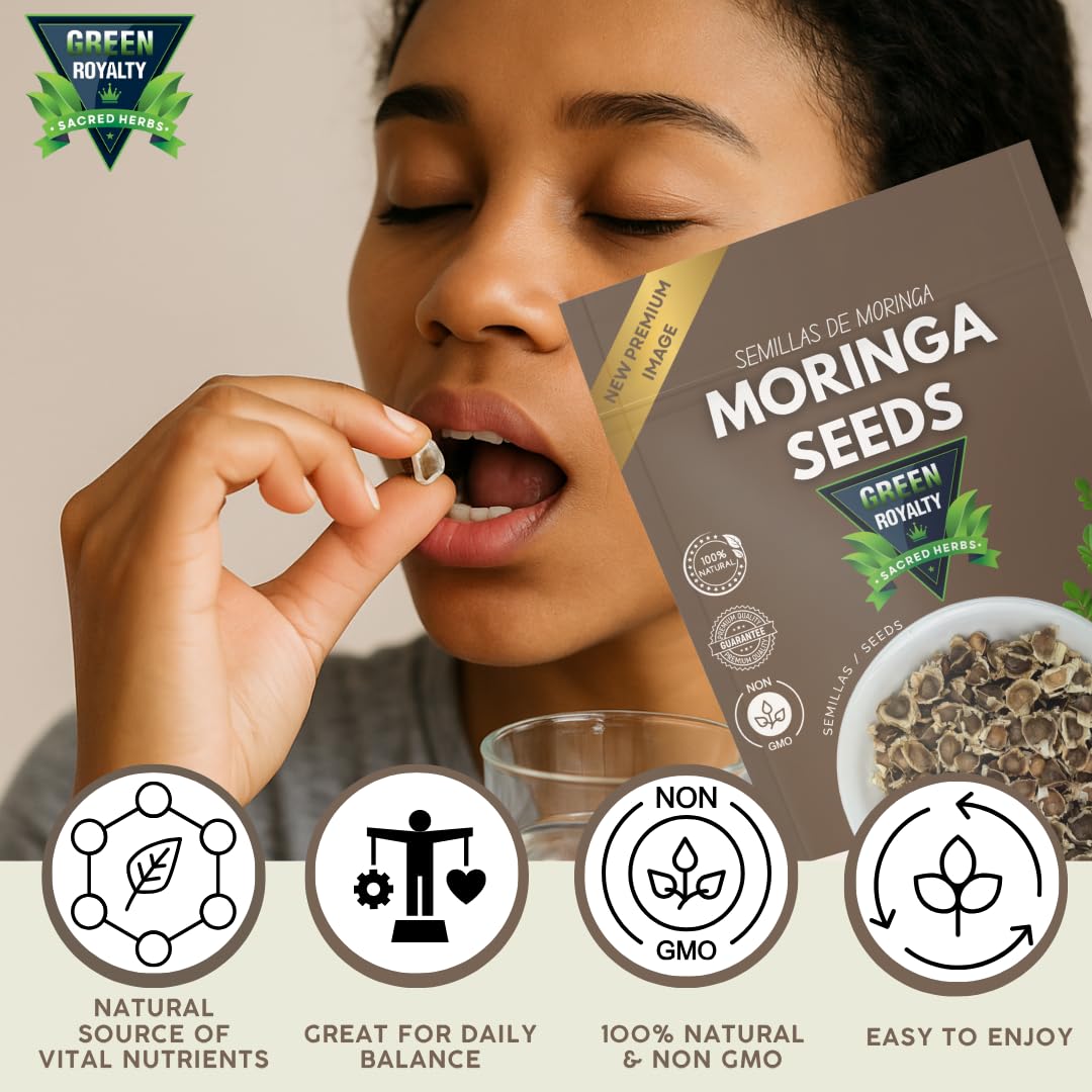 Green Royalty Moringa seeds spilled, inviting raw snacking or tea infusion.