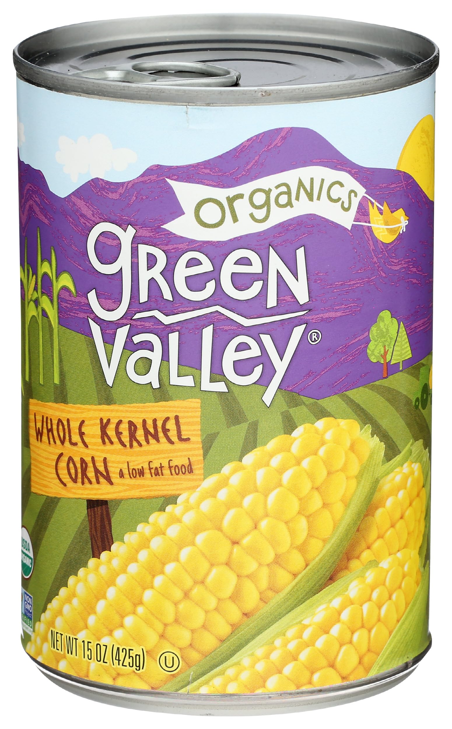Green Valley Organic Whole Kernel Sweet Corn can front view, pantry staple for quick meals.