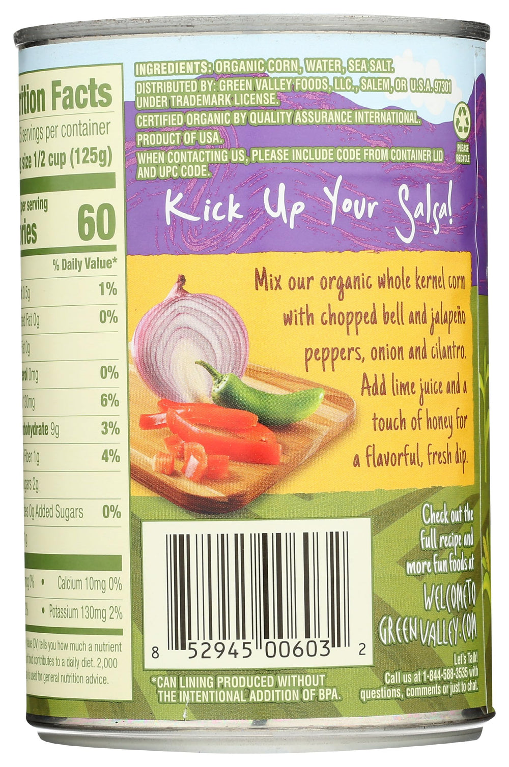 Green Valley Organic corn nutrition panel for mindful meal planning.