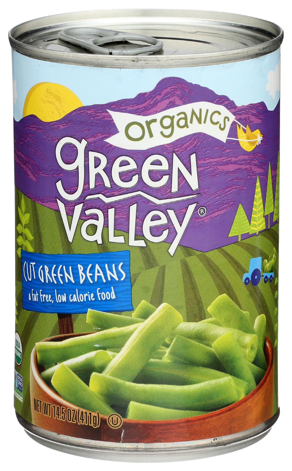 Green Valley Organic Cut Green Beans in a can, ready for quick meals.