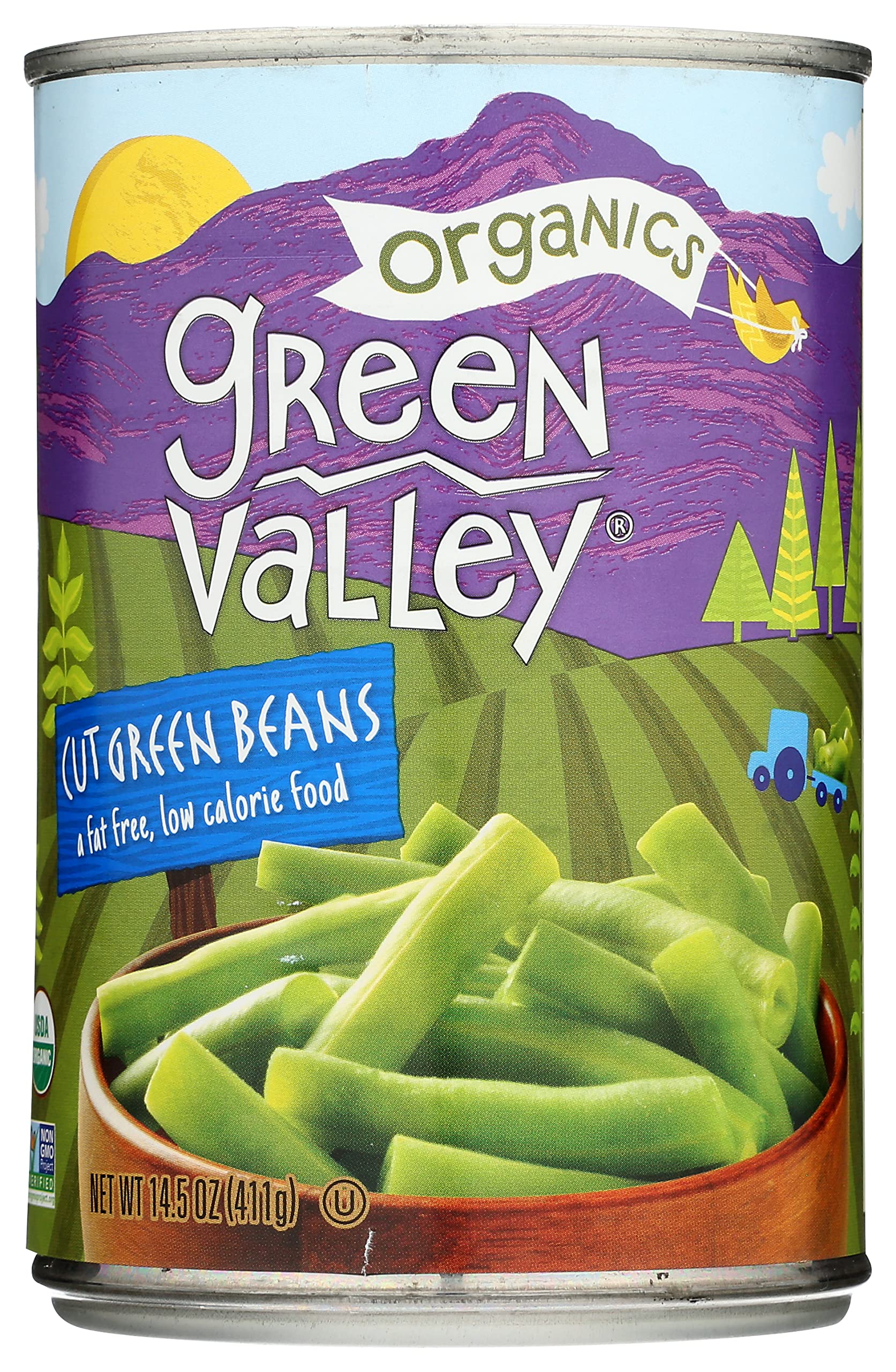 Green Valley Organic Cut Green Beans close-up, vibrant green color.