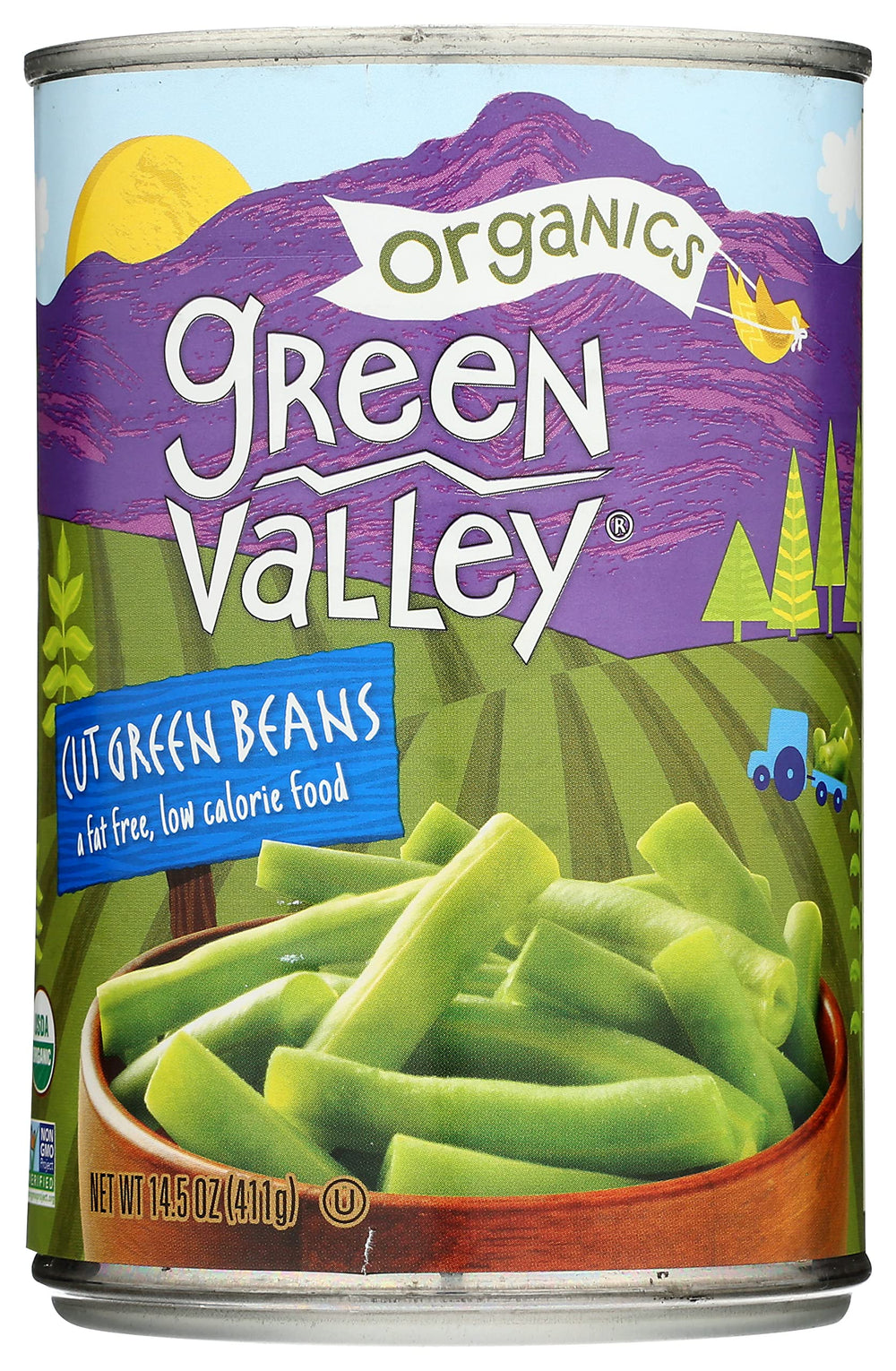 Green Valley Organic Cut Green Beans close-up, vibrant green color.