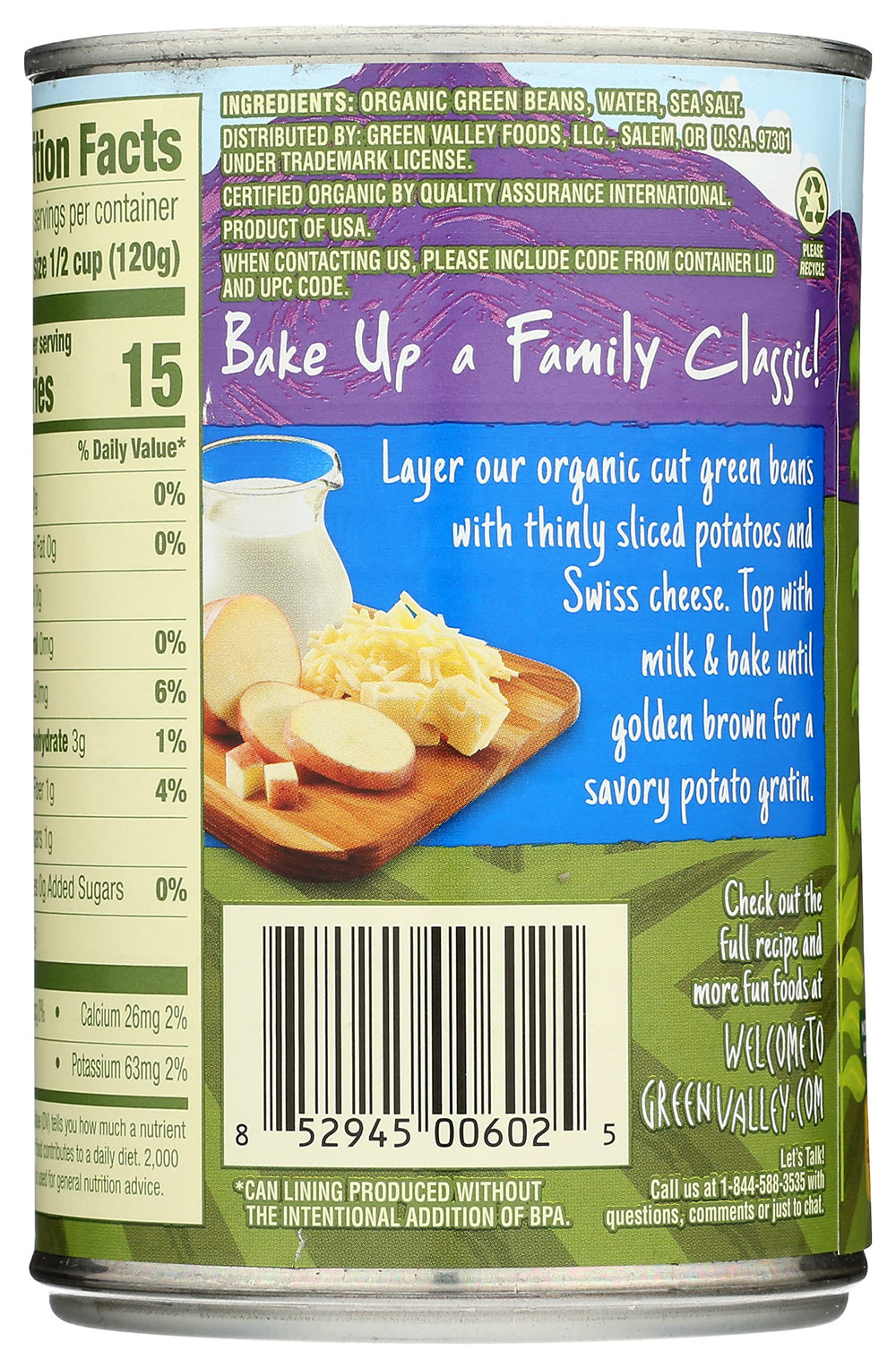 Green Valley Organic Cut Green Beans packaging, convenient pantry option.