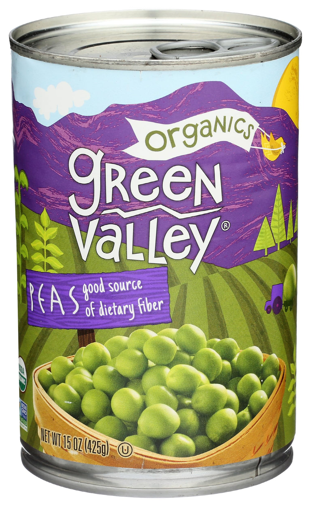 Green Valley Organic Sweet Peas close-up in can, vibrant and ready for quick sides.