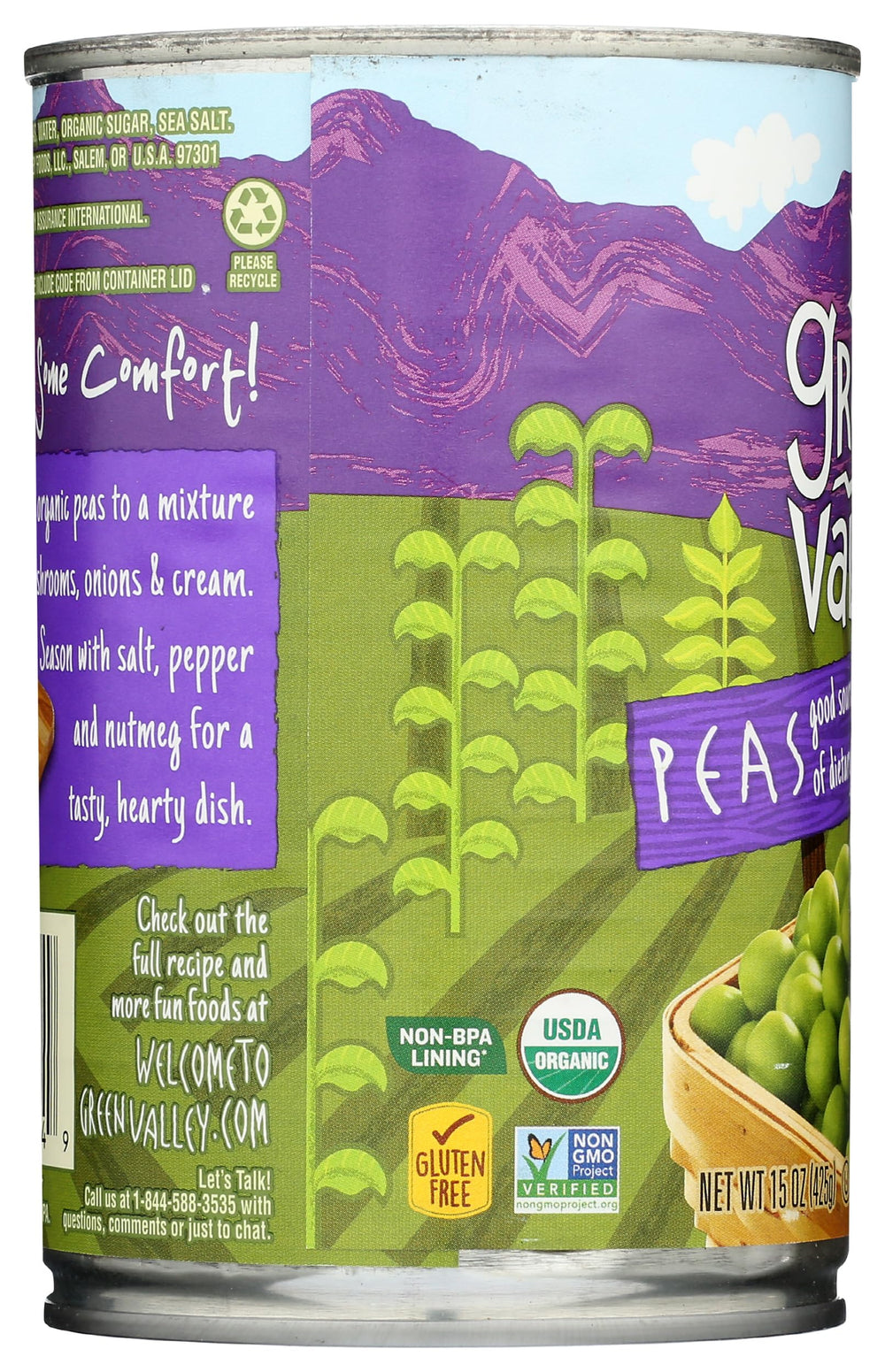 Green Valley Organic Sweet Peas jar with spoon close-up, convenient ready-to-use ingredient.