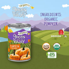 Green Valley Organics Pumpkin can close-up highlights vibrant golden-orange flesh