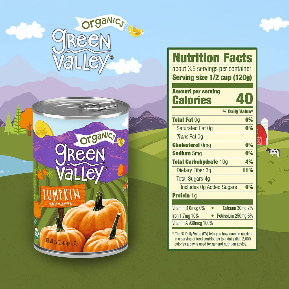 Green Valley Organics Pumpkin label close-up with USDA Organic and Kosher seals