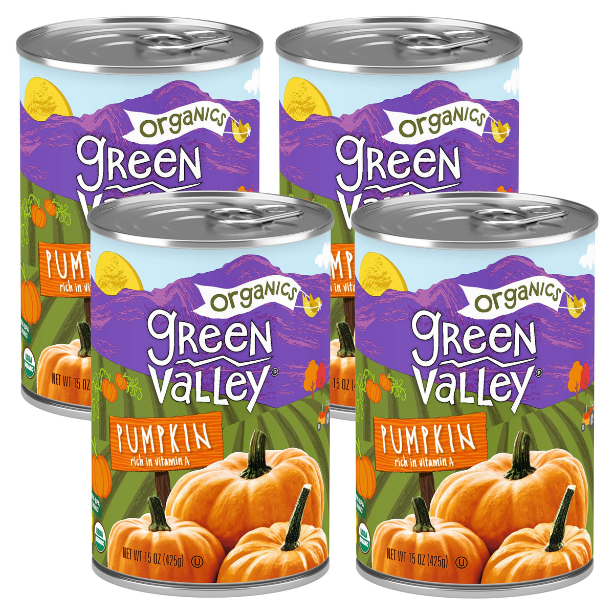 Green Valley Organics Pumpkin four-pack front view, ready-to-use pantry staple