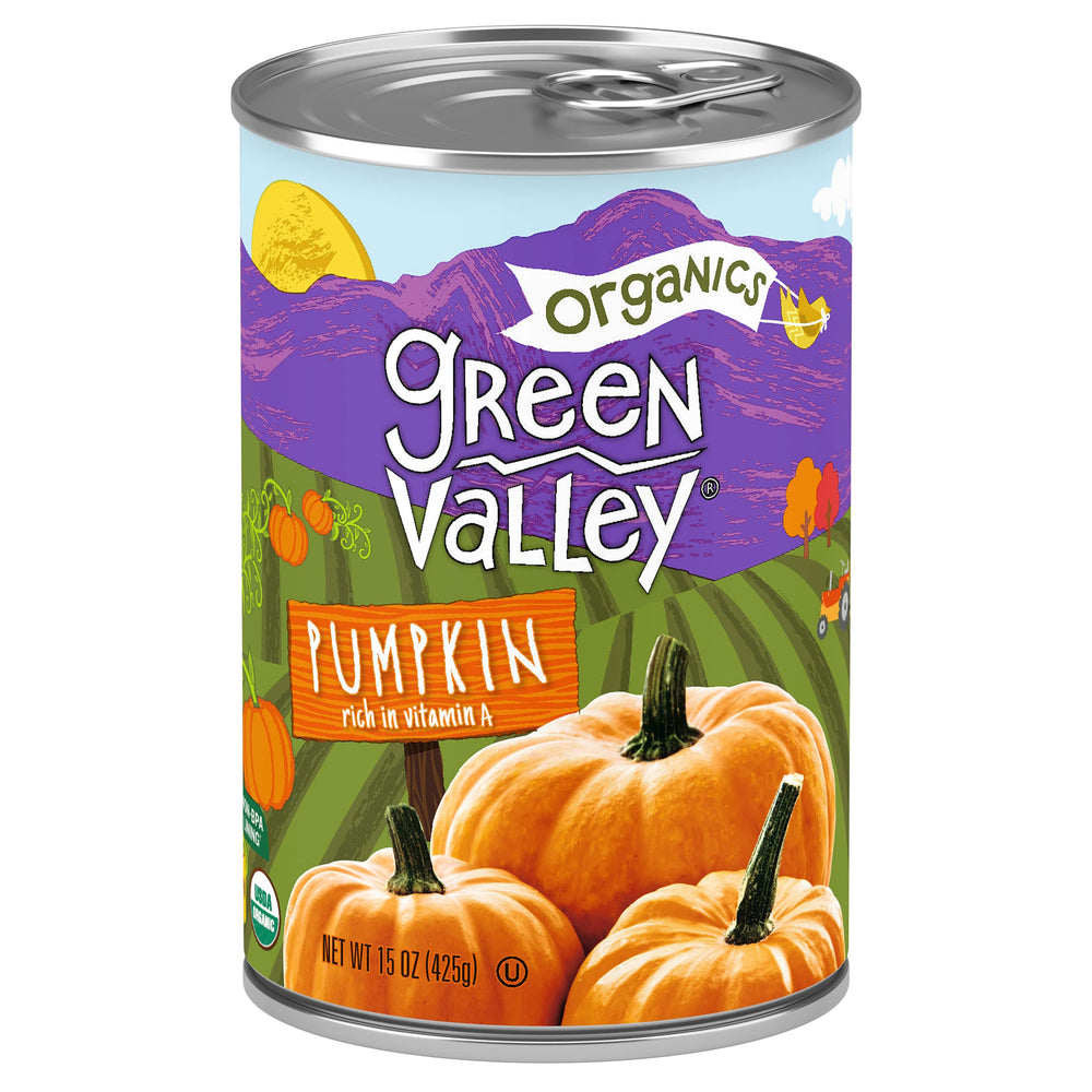 Green Valley Organics Pumpkin four-pack side view showing stackable cans