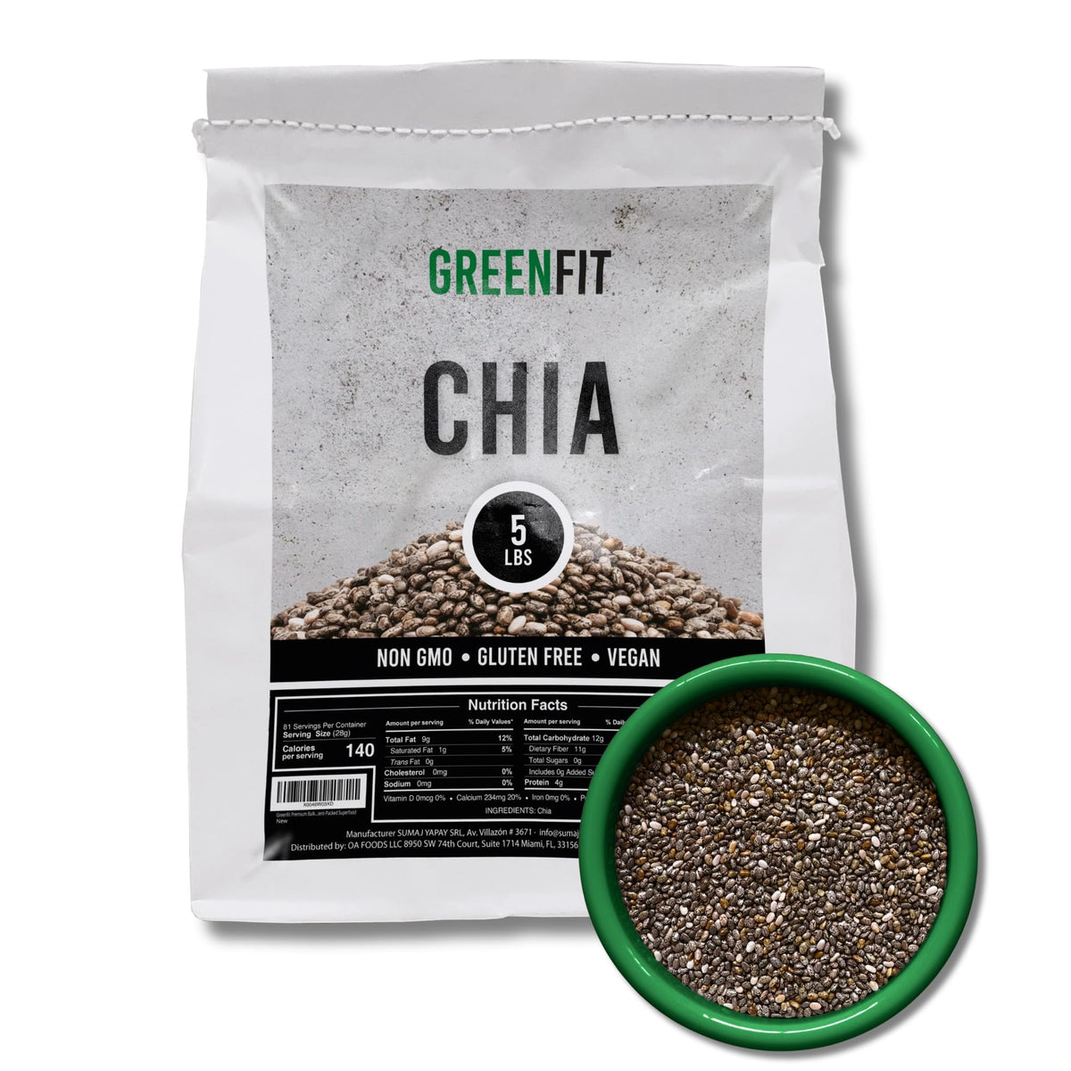 Greenfit bulk chia 5lb bag for bulk kitchen use and long-term storage.