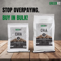 Greenfit chia seeds bulk closeup texture highlights tiny specks ideal for smoothies.