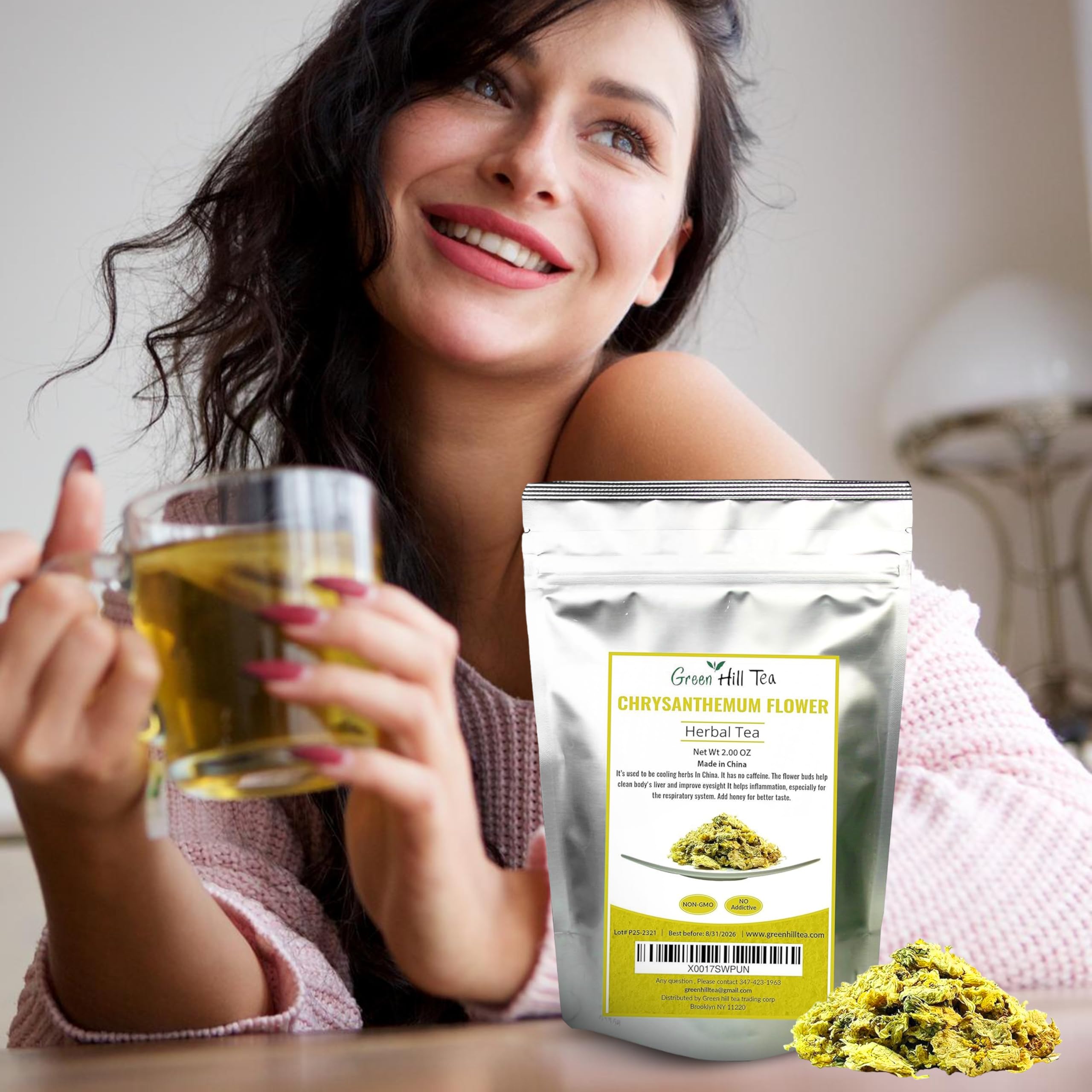 Greenhilltea chrysanthemum cup ready brew showing calming aroma and gentle bitterness