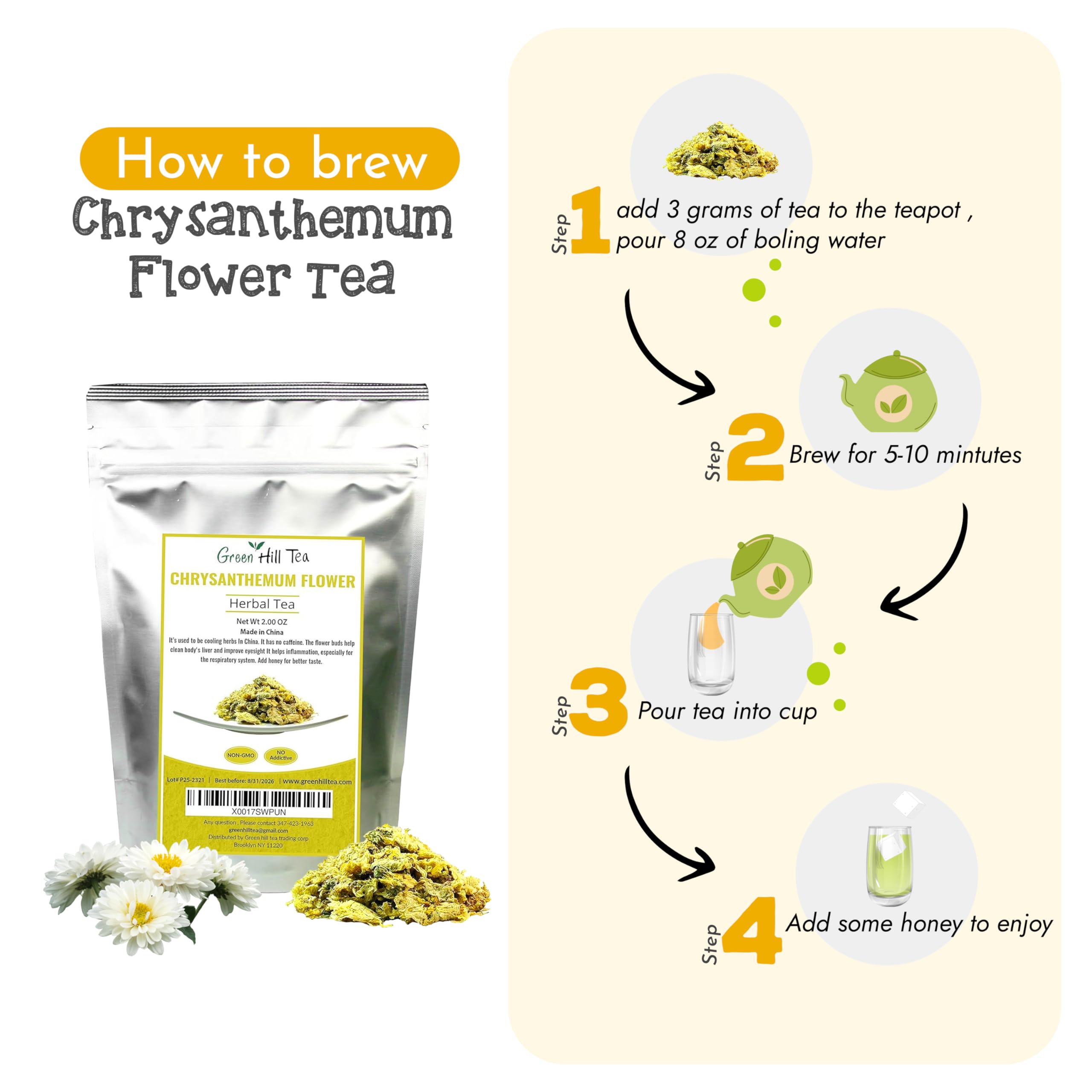 Greenhilltea chrysanthemum tea steeping in cup releasing floral notes and menthol hint