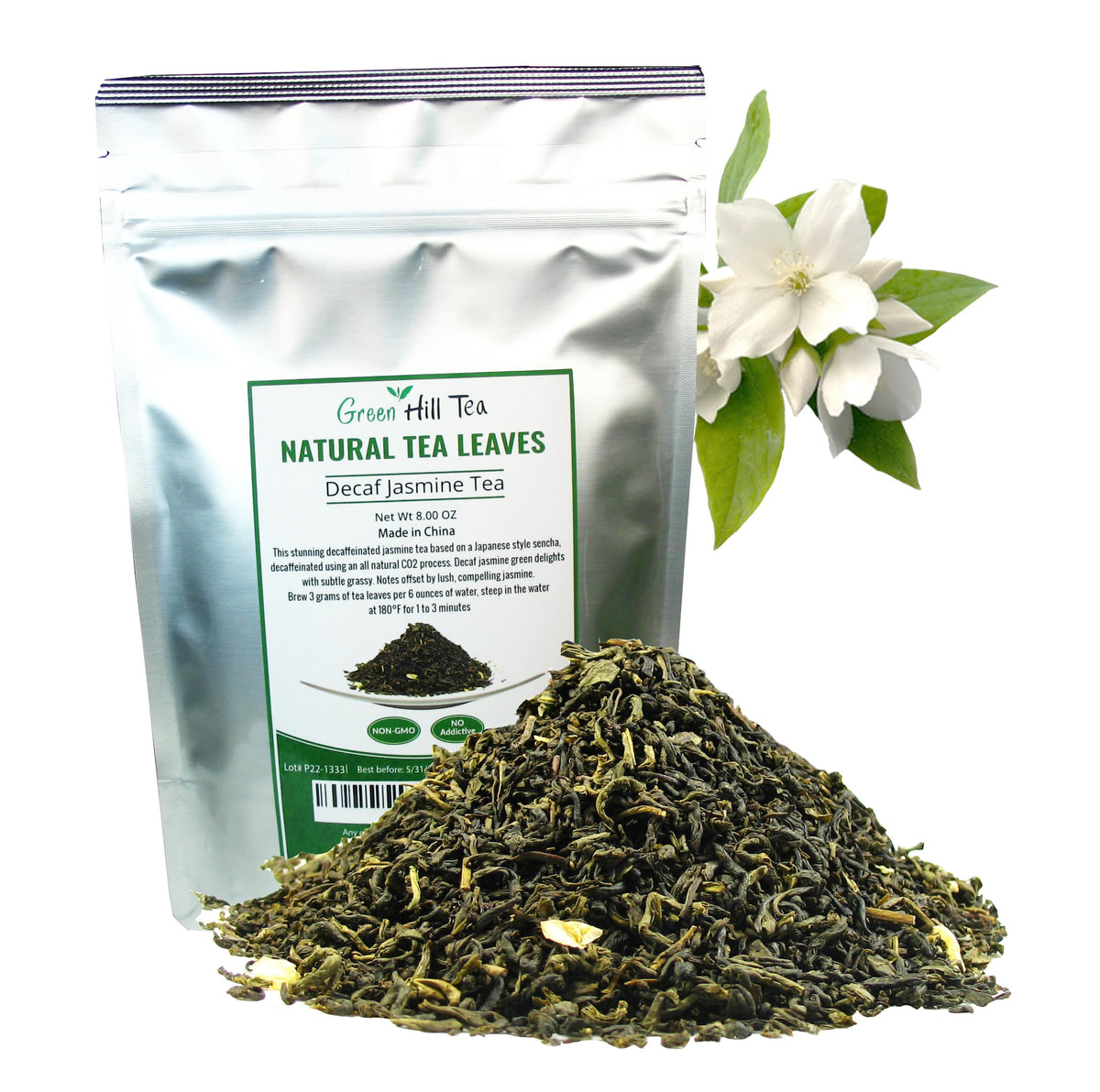 Greenhilltea decaf jasmine green tea 8oz bag for caffeine-free sipping
