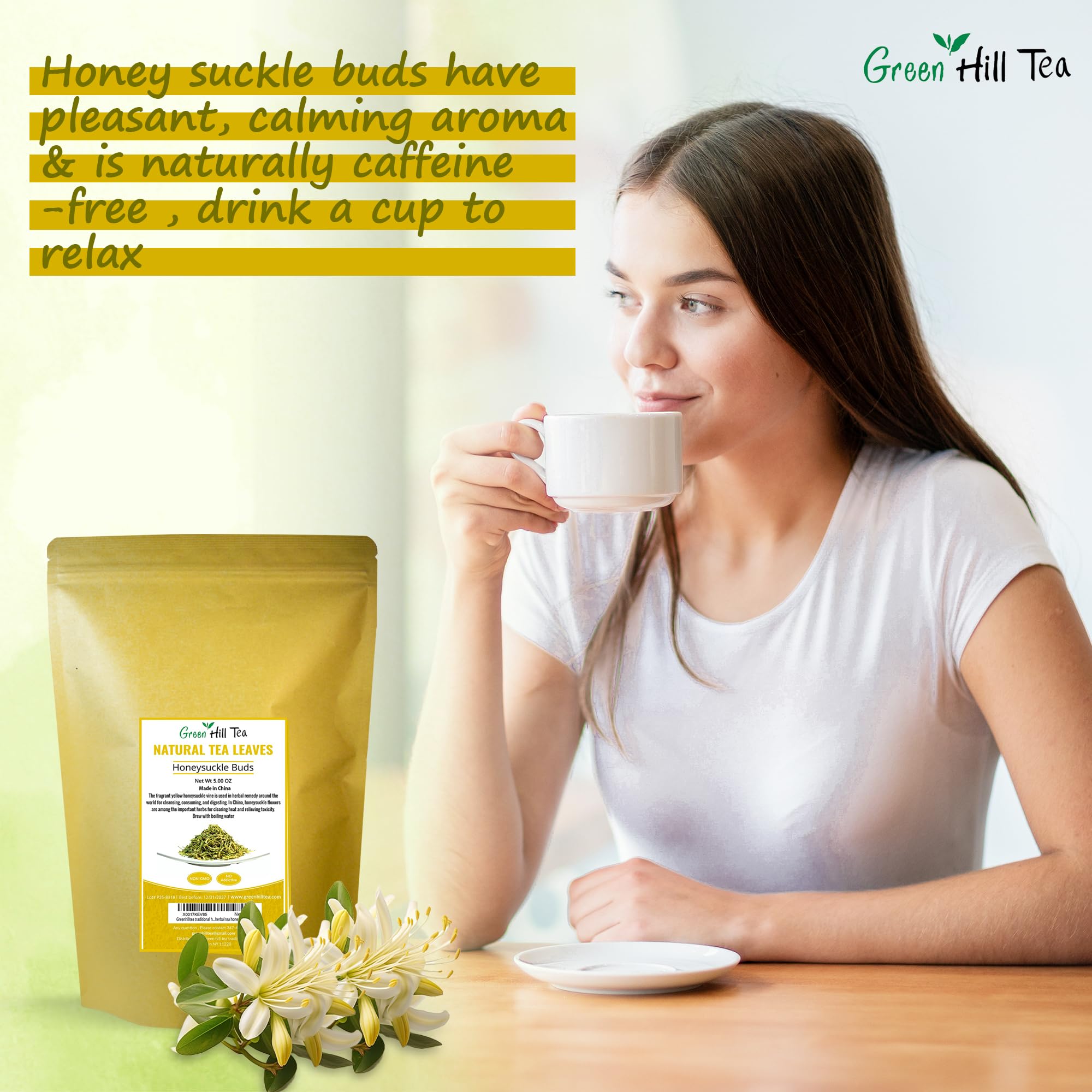 Greenhilltea honeysuckle aroma in cup highlights refreshing caffeine-free brew