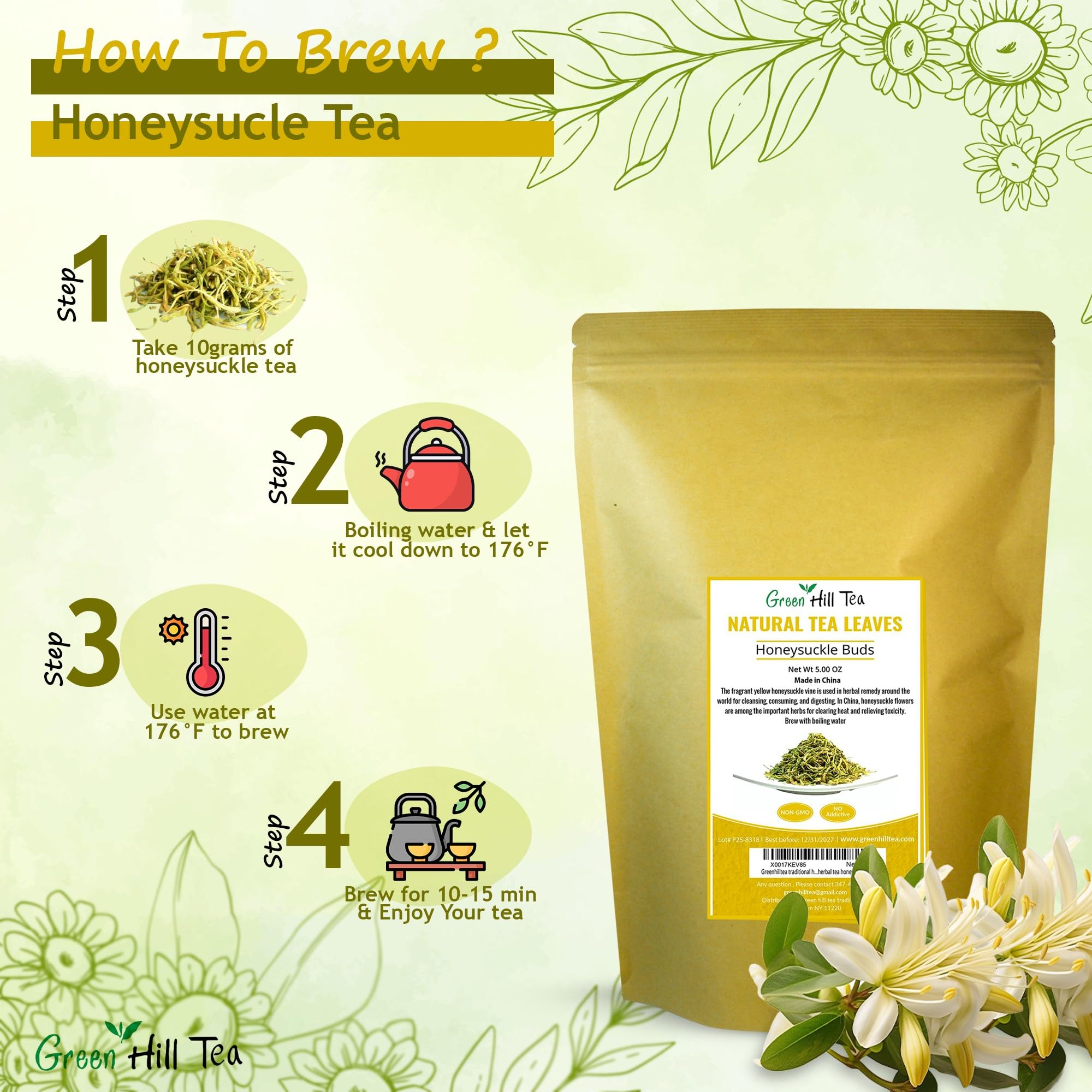 Greenhilltea packaging honeysuckle buds signals premium quality and care