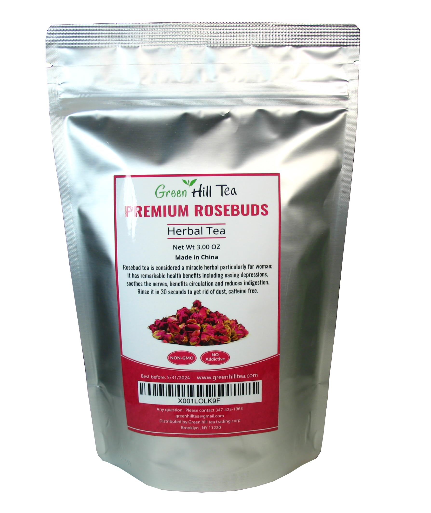 Greenhilltea Premium Dried Rose Buds packaging and label shown for easy shelf storage.